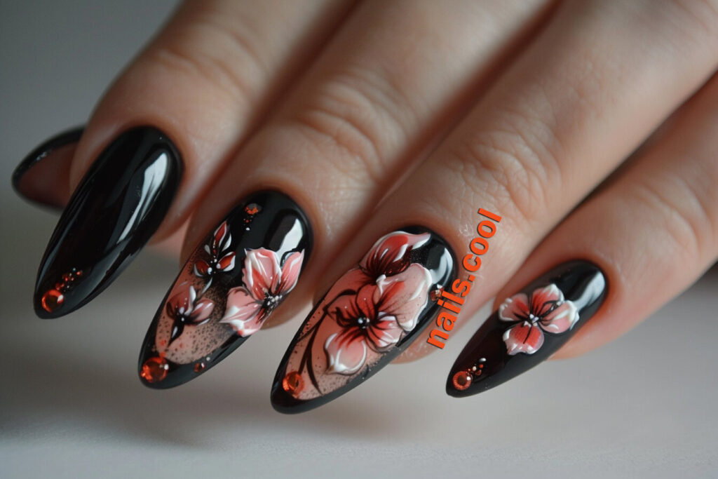 black acrylic nails with floral designs