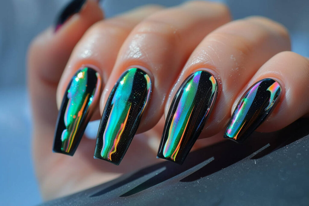 black acrylic nails with holographic accents