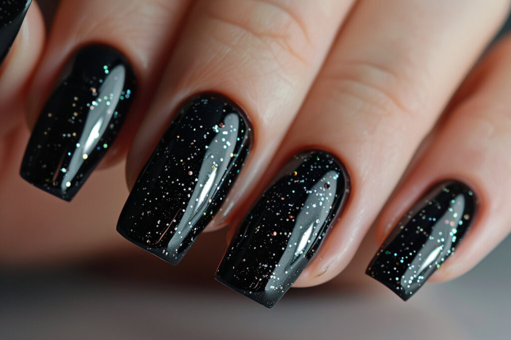 black acrylic nails with sparkling glitter