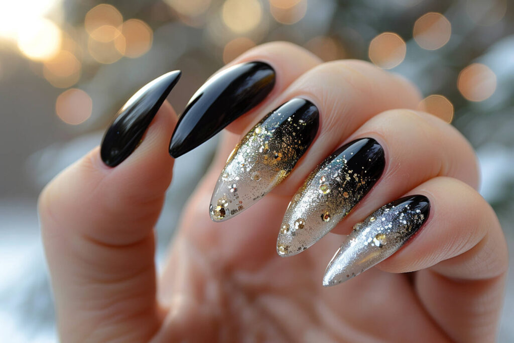 black ombré nails with metallic accents
