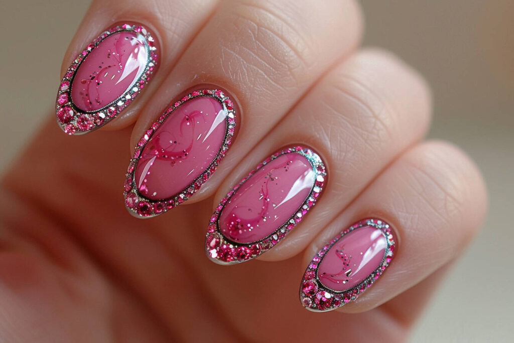 hot pink nails with a border of sparkling diamonds