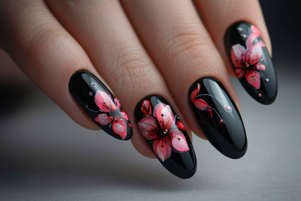 Black Nails with Pink Floral Accents