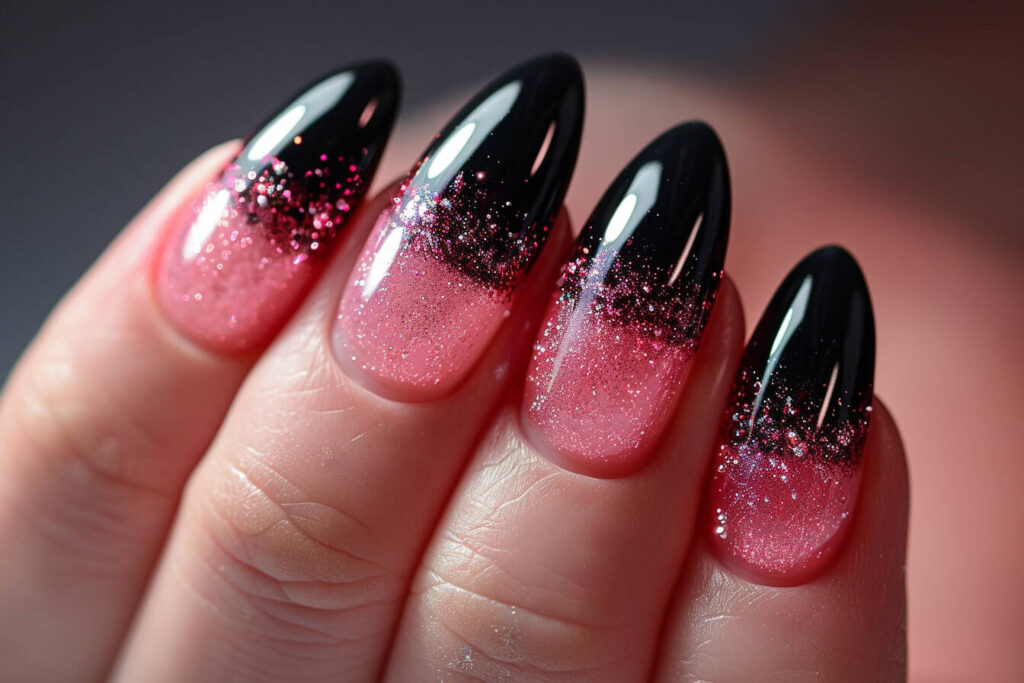 Black Nails with Pink Glitter Accents