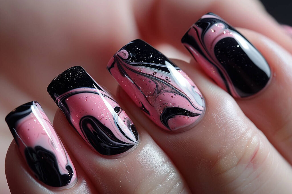 Black and Pink Marble Nails