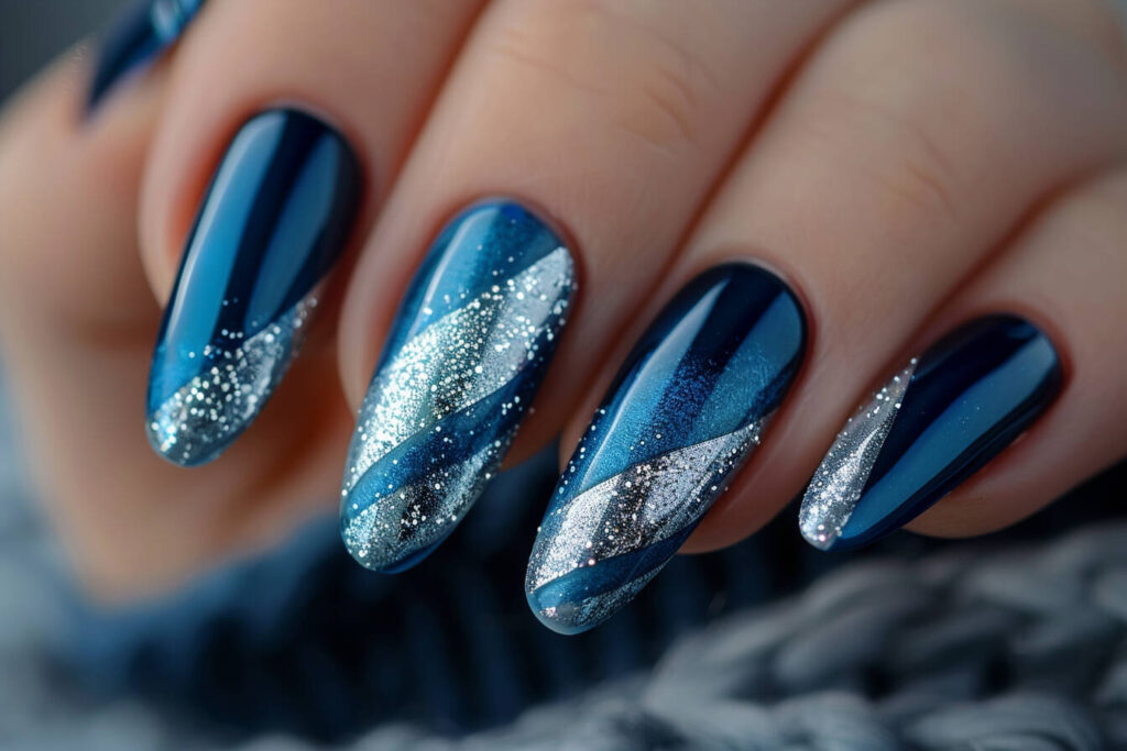 Blue Nails with Silver Foil
