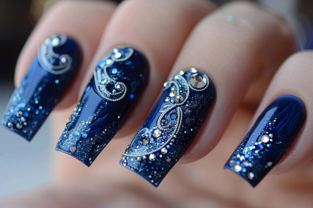 Blue Nails with Silver Rhinestone
