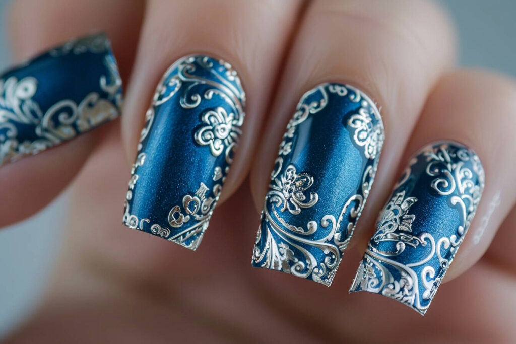 Blue Nails with Silver Stamping