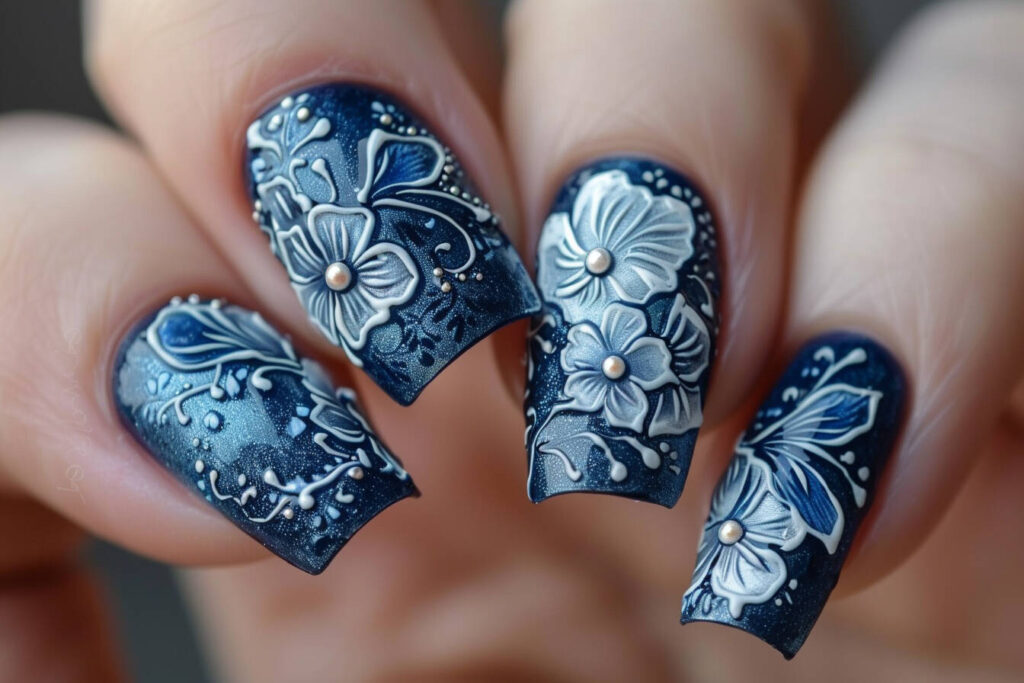 Blue and Silver Floral Nail Art