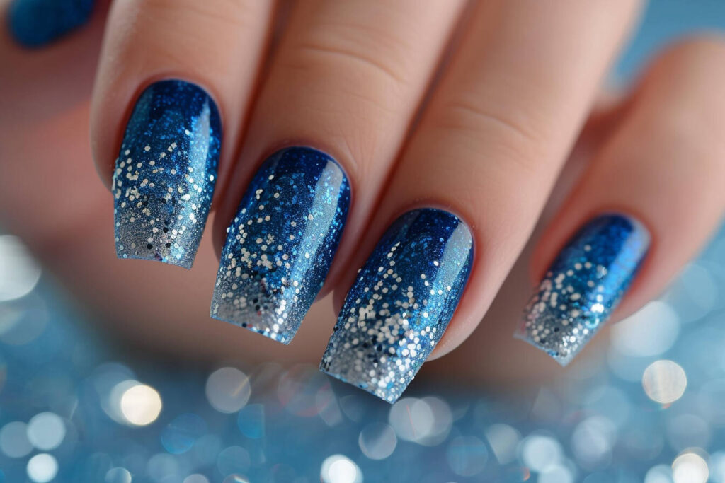 Blue and Silver Glitter Nails