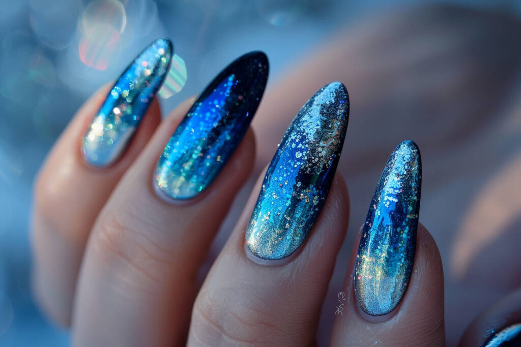 Blue and Silver Holographic Nails