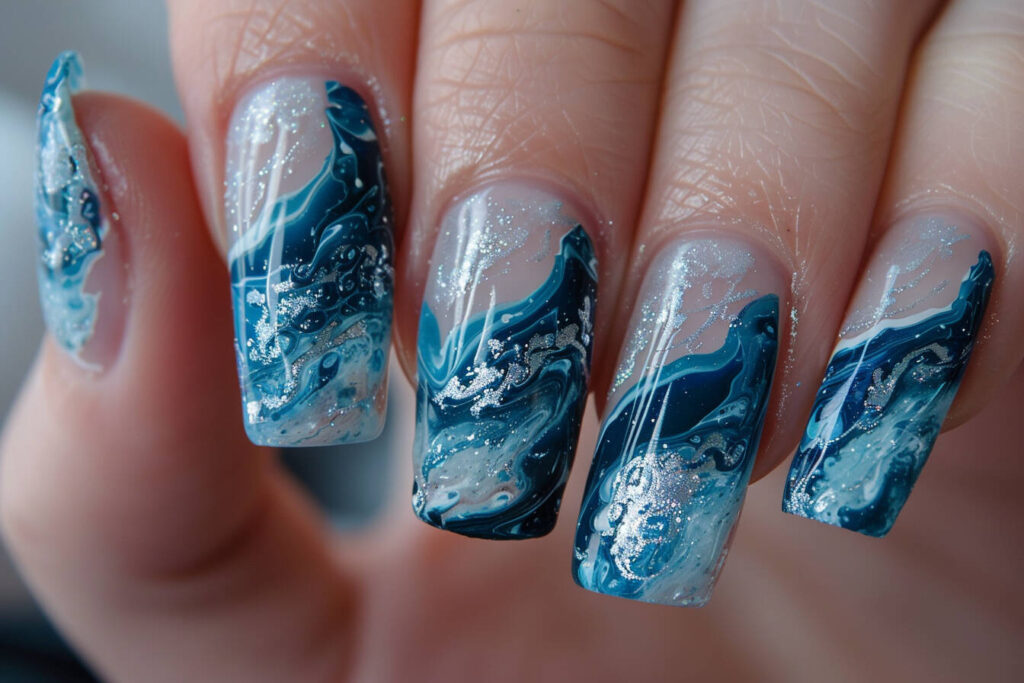 Blue and Silver Marble Nails