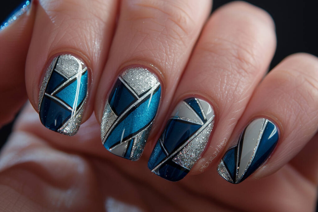Geometric Blue and Silver Nail Art