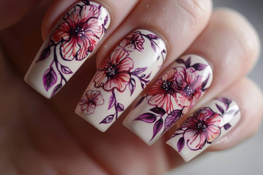 Neon Purple Floral Nails