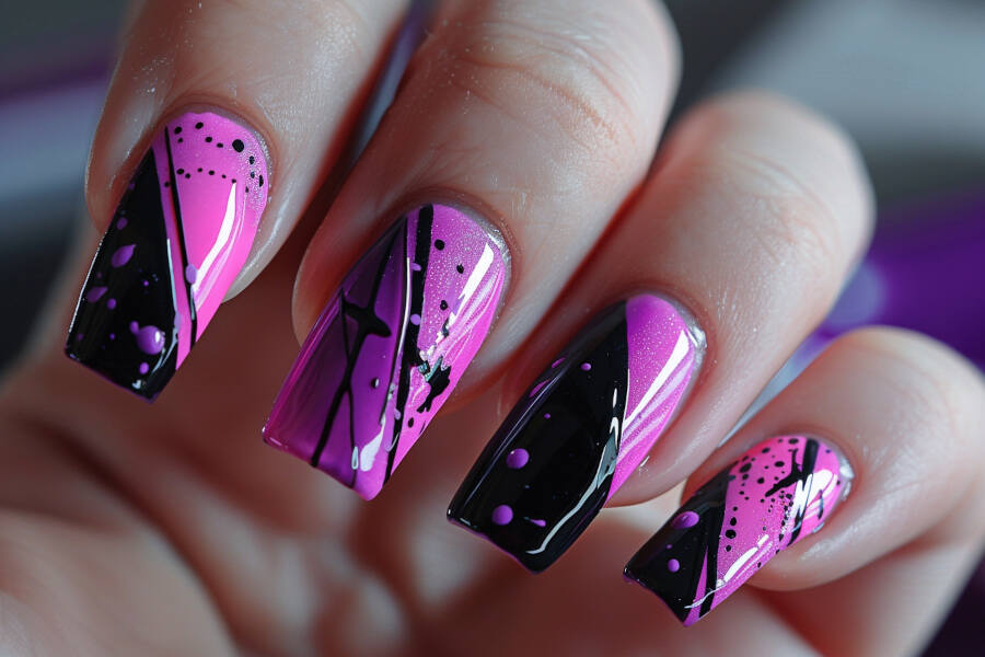 Neon Purple and Black Abstract Nails