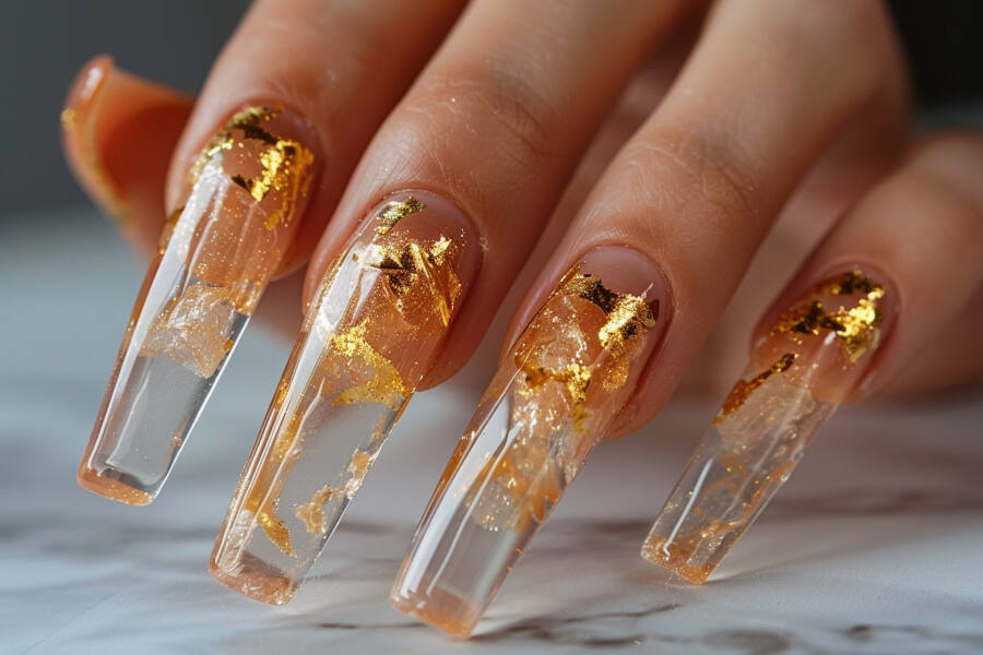 Nude Coffin Nails with Gold Foil