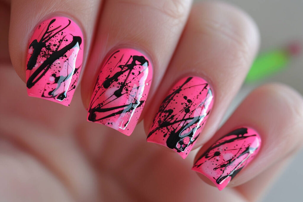 Pink Nails with Black Abstract Art