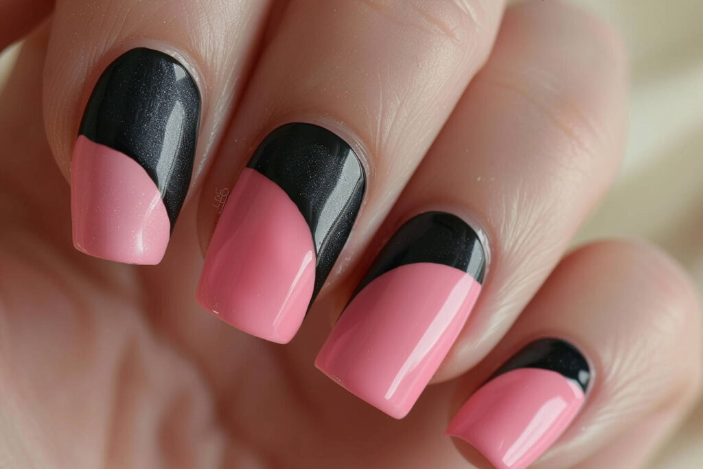 Pink Nails with Black Matte Half-Moon
