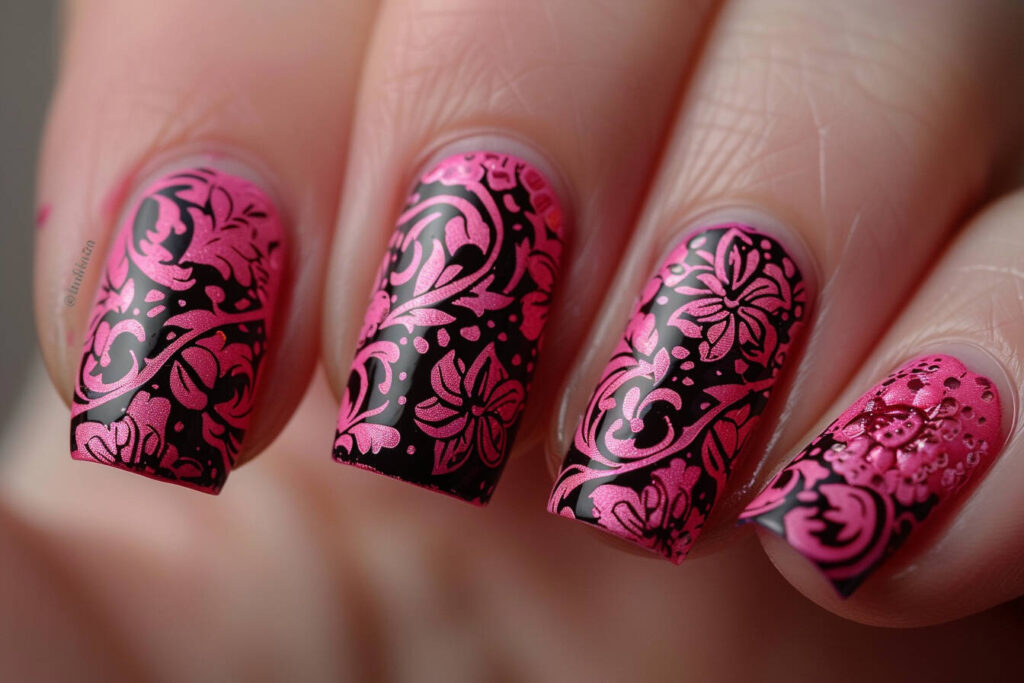 Pink Nails with Black Stamped Designs
