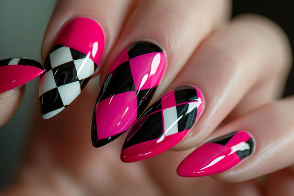 Pink and Black Checkerboard Nails