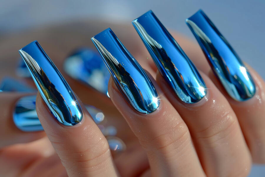blue chrome coffin nails