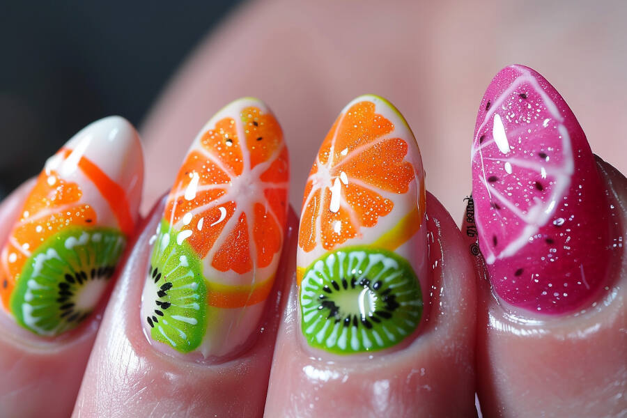 colorful fruit slices nail design