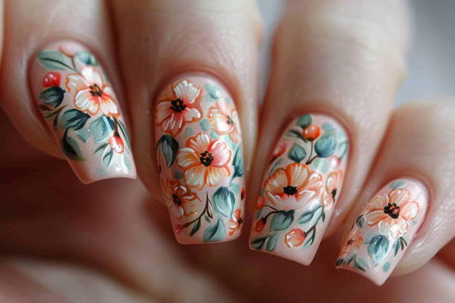 fingertips with floral nail art