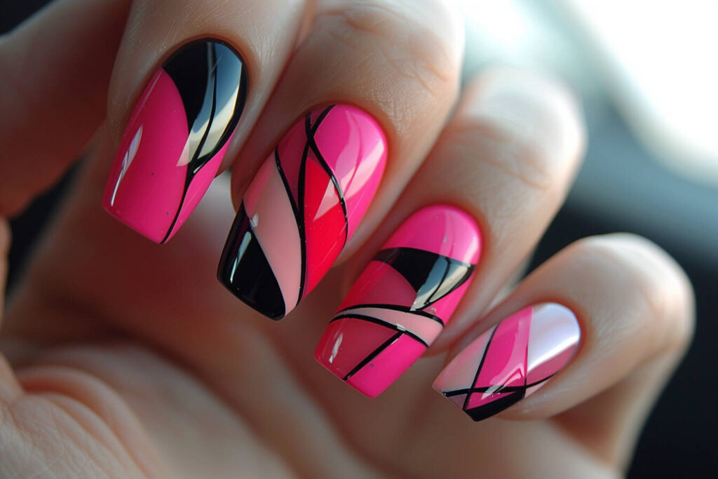 geometric hot pink nail art