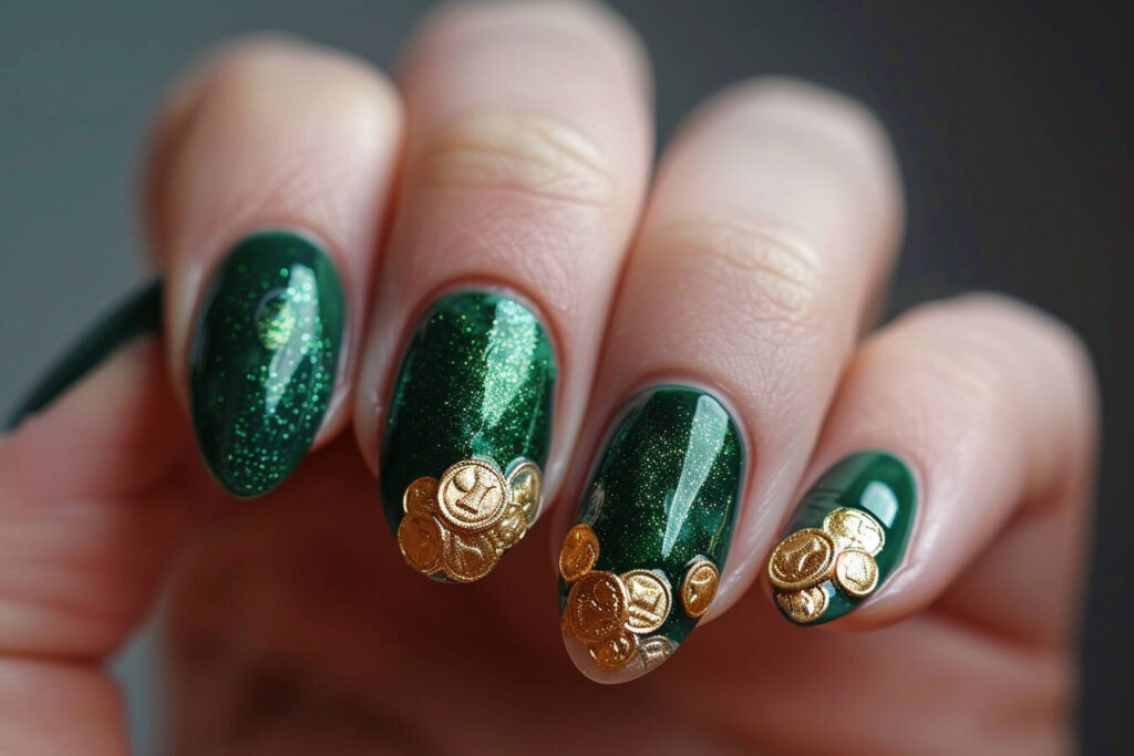 golden pot and coins on your ring finger nail