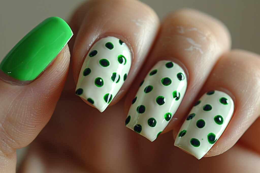green polka dots across your nails