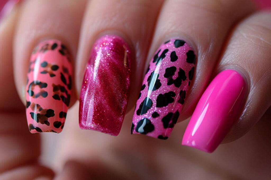 hot pink animal print nails