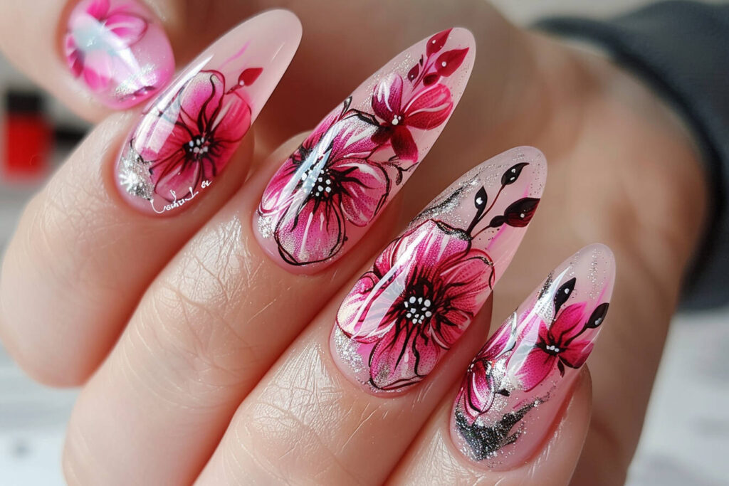 hot pink floral nail designs