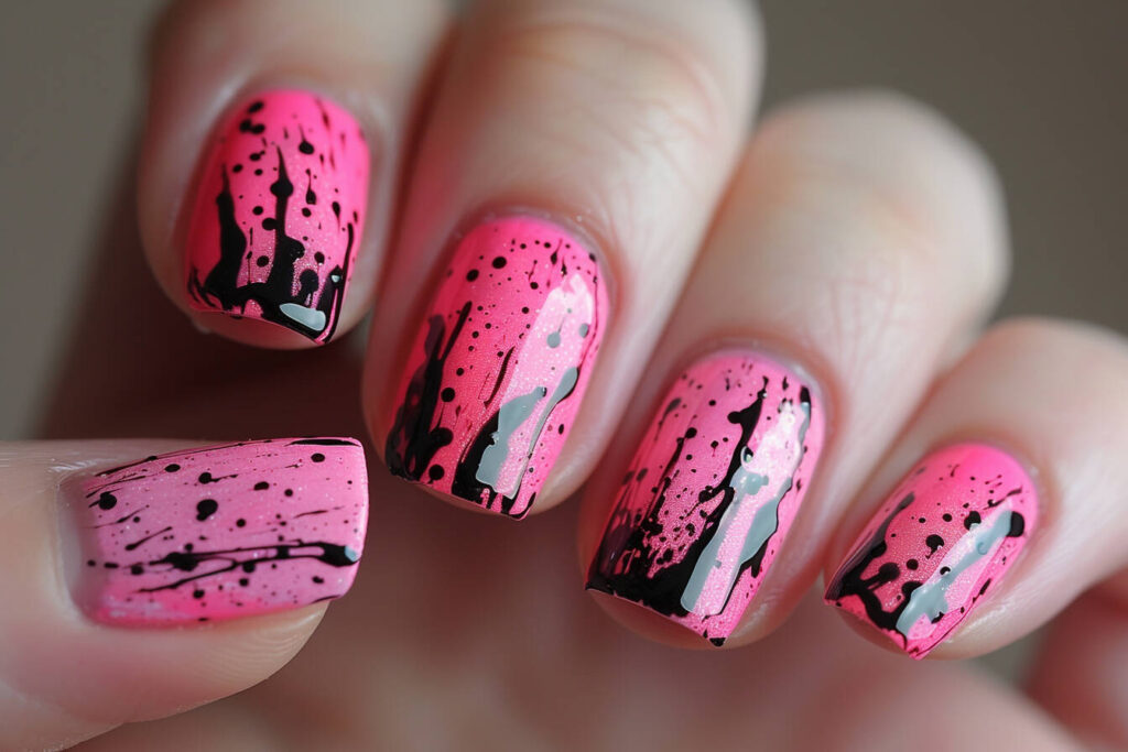 hot pink splatter nail design