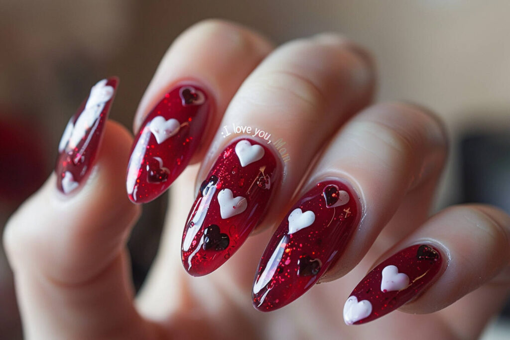 miniature hearts on each nail