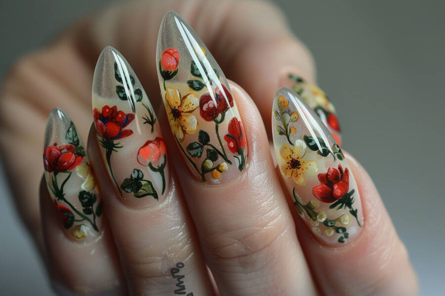 nails adorned in botanical motifs