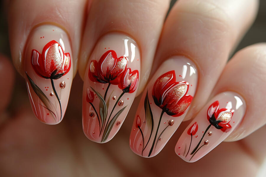 nails adorned in delicate tulip designs