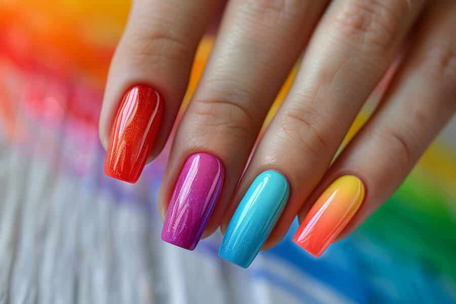 nails adorned in vibrant rainbow hues