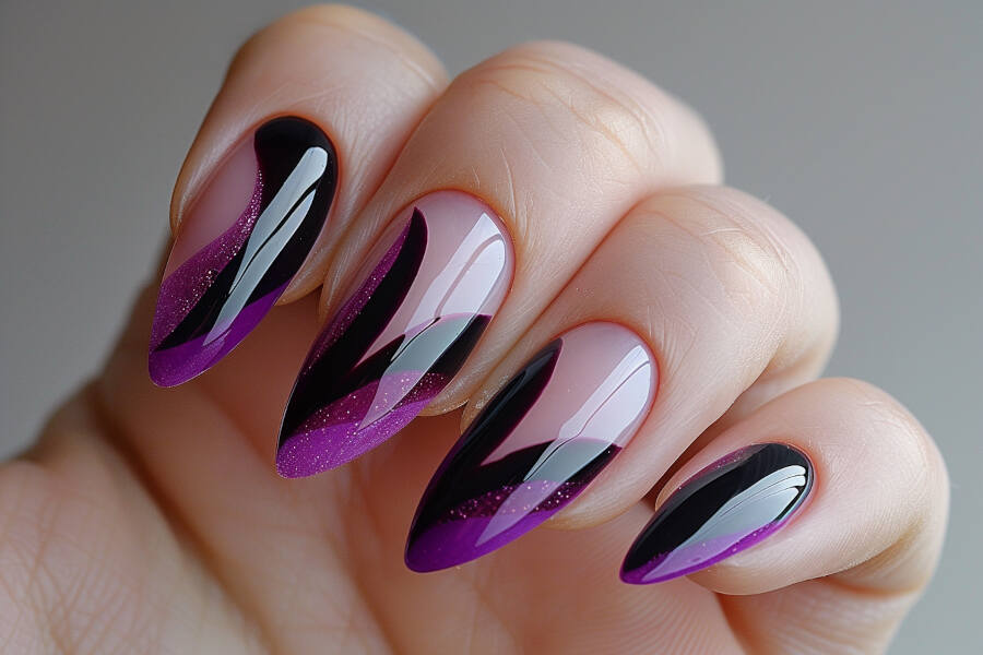 neon purple nails with negative space