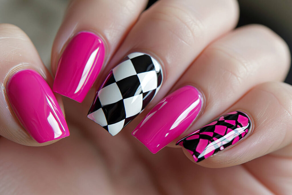retro-inspired twist on hot pink nails