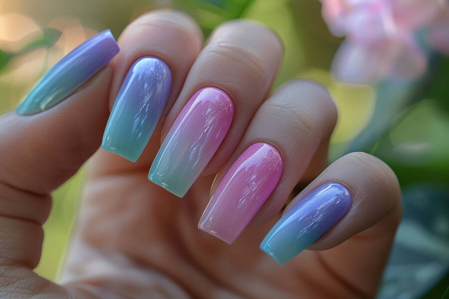 soft shades of pink, blue and lavender spring nails