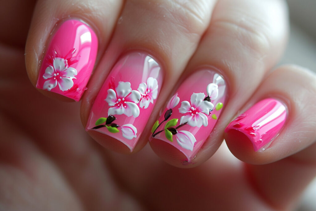 Floral Hot Pink French Tips