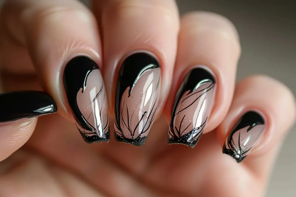 black french nails with geometric lines