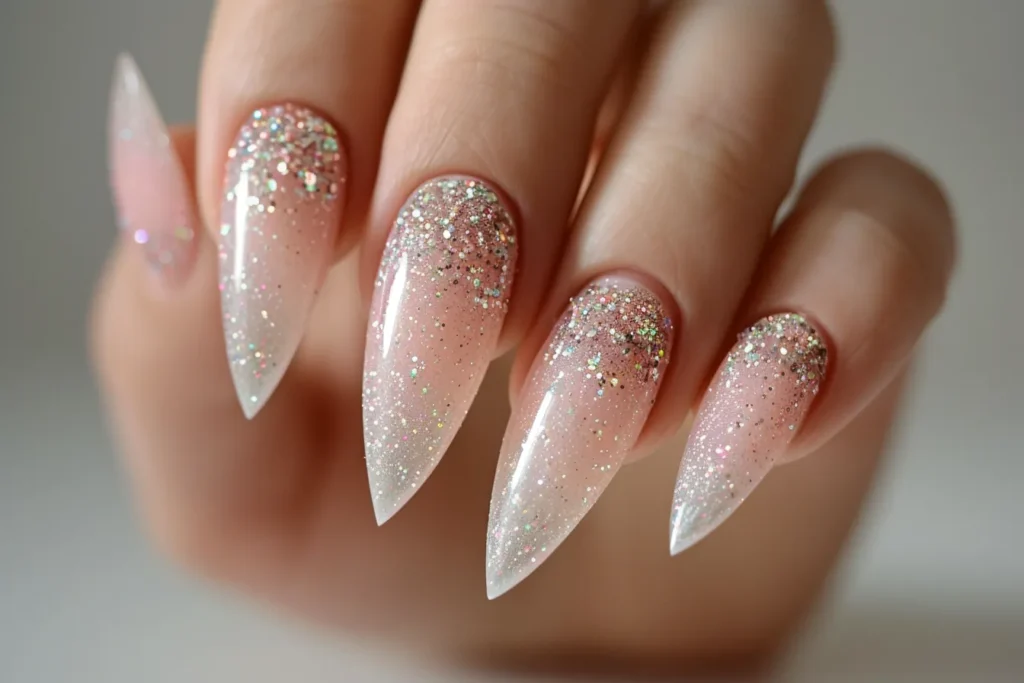 coffin French tips with a glittery accent