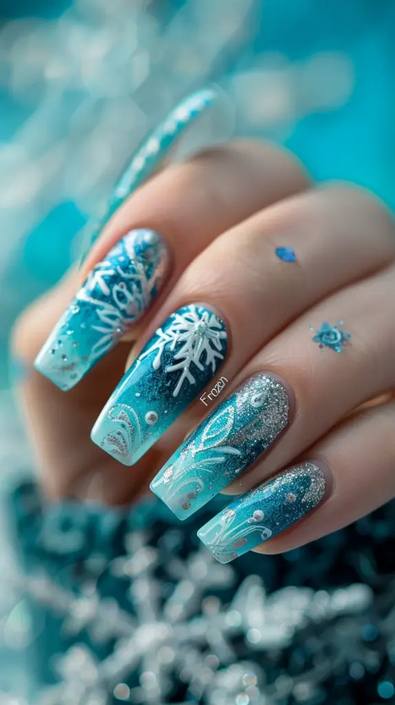 nail with a miniature snowflake frozen