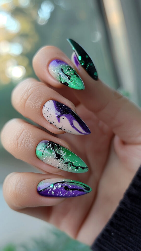 Abstract Art green and purple nails