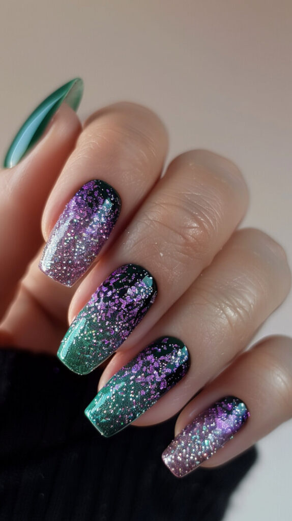 Glitter Gradient green nails