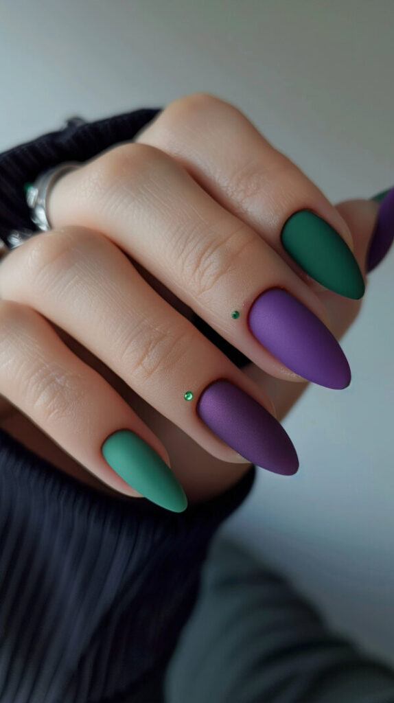 Matte Finish green and purple nails