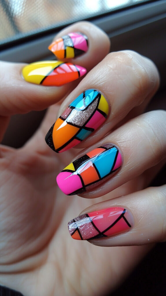 Neon Geometric Patterns on Nails