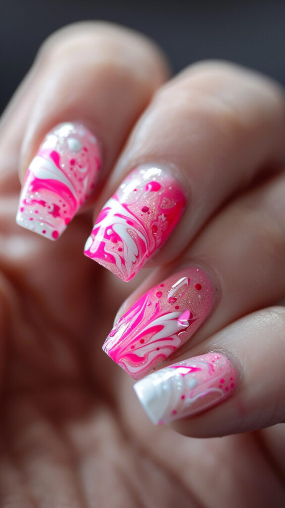 marble effect on nails using neon pink and white polish