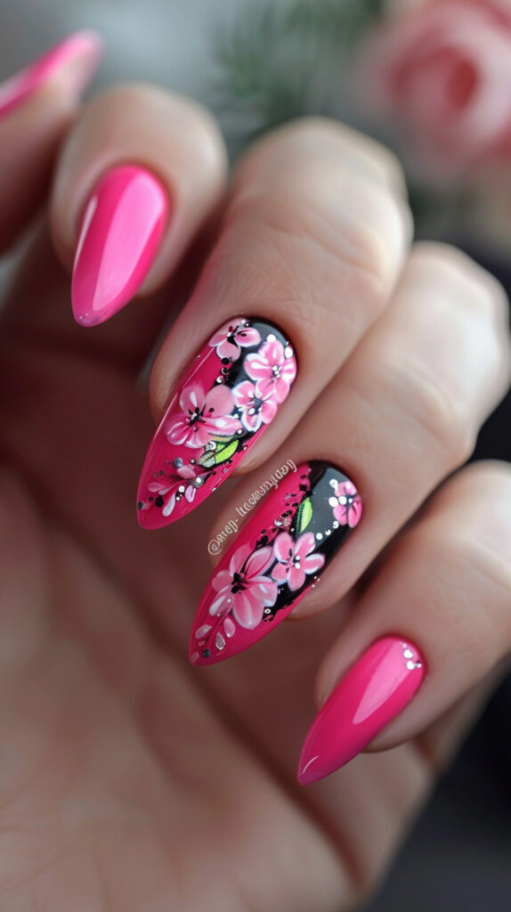 pink neon nails by incorporating delicate floral accents