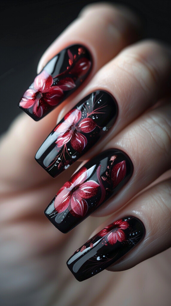 Black Base nail with Maroon Flowers